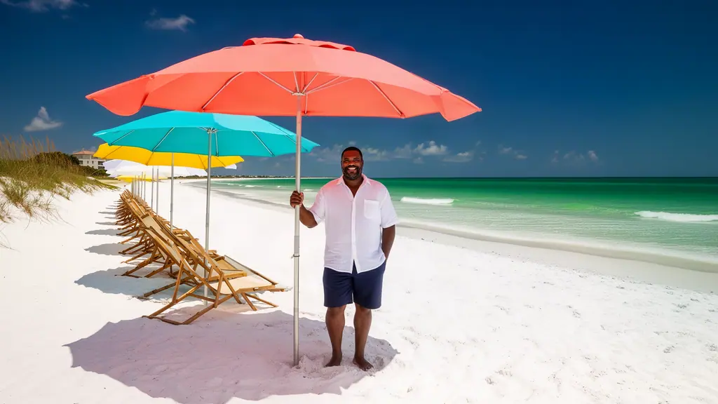 Smiling beach-rental owner beside a row of colorful umbrellas and wooden chairs on a white-sand beach